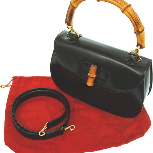 GUCCI Black Leather Bamboo Shoulder Bag with Strap - Picture 9 of 11